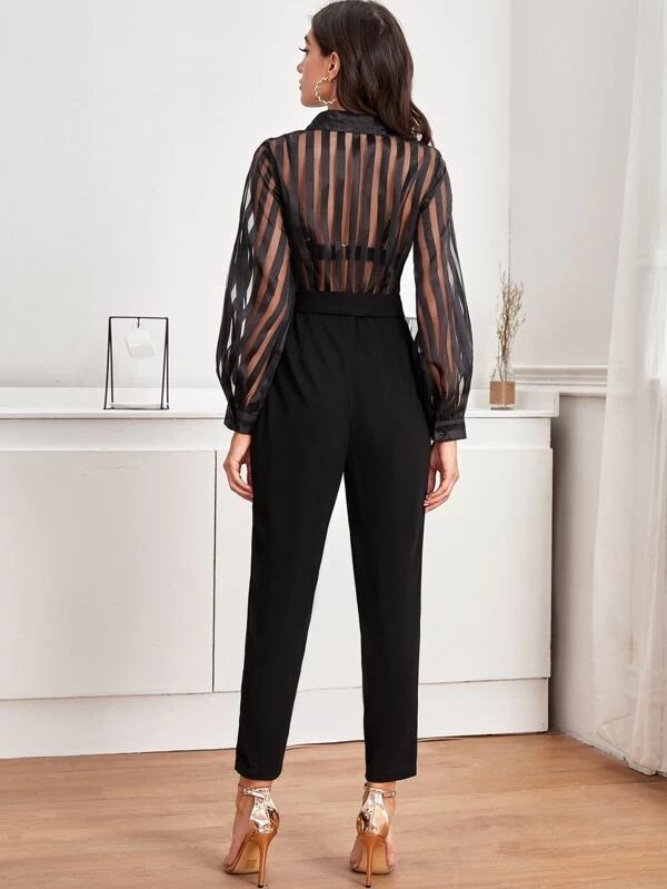 CM-JS230755 Women Elegant Seoul Style Bishop Sleeve Mesh Panel Belted Shirt Jumpsuit - Black