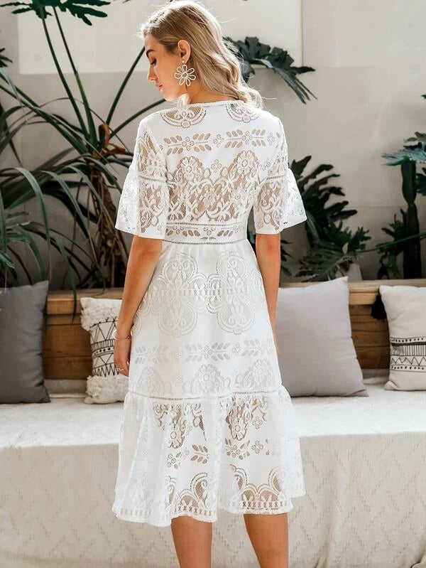 CM-DS207120 Women Elegant Seoul Style V-Neck Flounce Sleeve Sheer Lace Overlay Dress - White