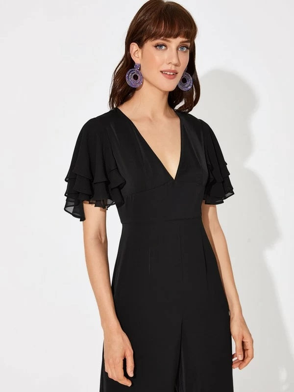 CM-JS224390 Women Elegant Seoul Style V-Neck Layered Sleeve Wide Leg Jumpsuit - Black