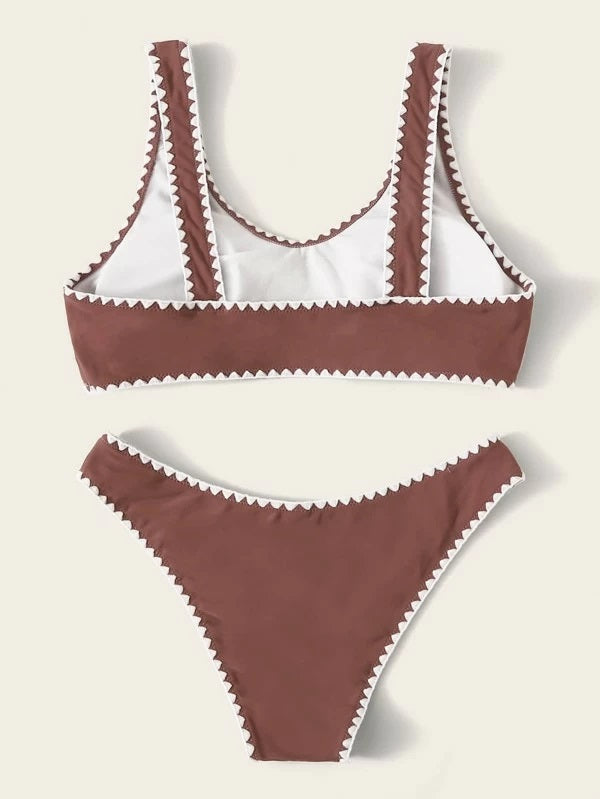 CM-SWS213718 Women Trendy Seoul Style Whip Stitch Top With Panty Bikini Set - Brown