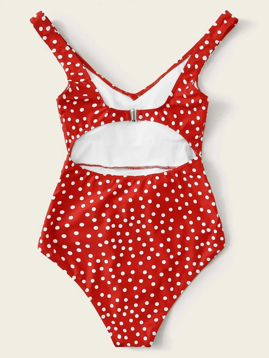 CM-SWS214292 Women Trendy Seoul Style Polka Dot Belted One Piece Swimsuit - Red
