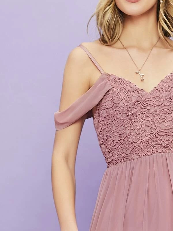 CM-DS224956 Women Elegant Seoul Style Guipure Lace Overlay Bodice High Split Hem Dress - Pink