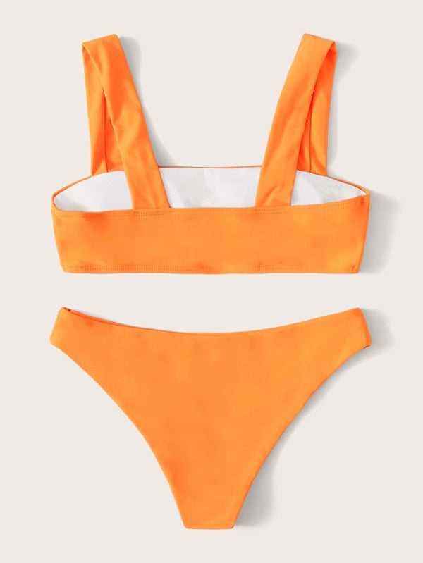 CM-SWS217981 Women Trendy Seoul Style Seam Detail Top With Panty Bikini Set - Orange