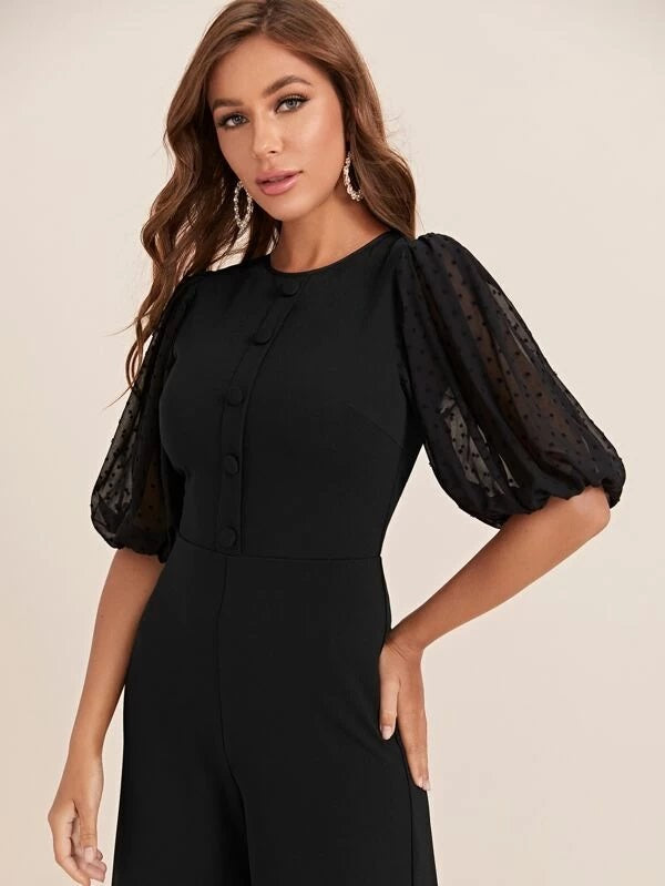 CM-JS212317 Women Elegant Seoul Style Round Neck Swiss Dot Puff Sleeve Palazzo Jumpsuit - Black