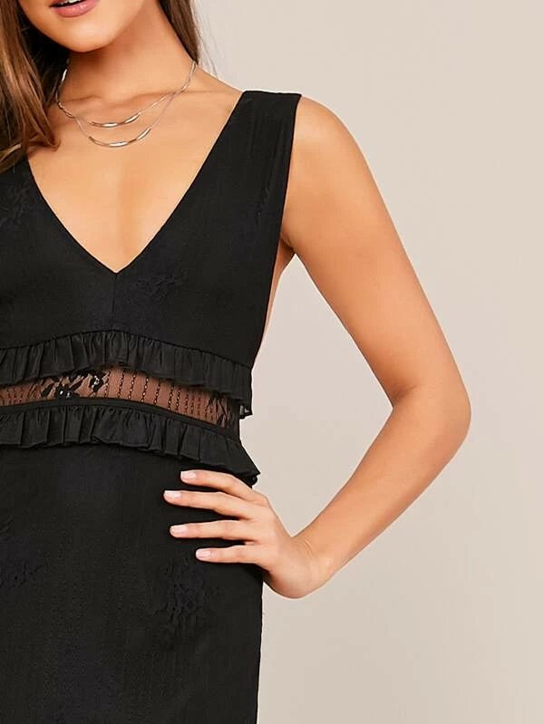 CM-DS221082 Women Elegant Seoul Style Sleeveless Plunging Neck Ruffle Detail Lace Dress - Black