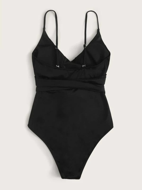 CM-SWS218450 Women Trendy Seoul Style Wrap Tie Front One Piece Swimsuit - Black