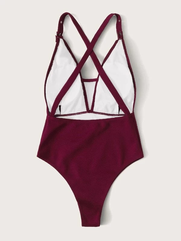 CM-SWS218015 Women Trendy Seoul Style Eyelet Buckle Criss Cross One Piece Swimsuit - Wine Red