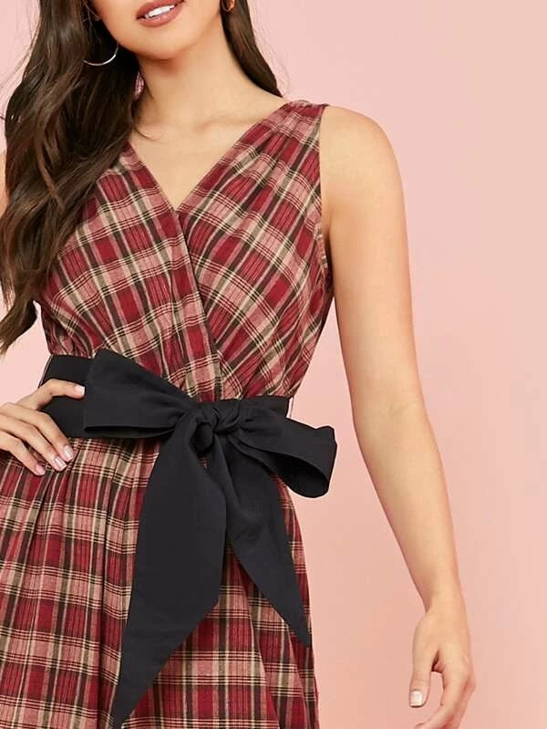 CM-JS228415 Women Casual Seoul Style Sleeveless Surplice Neck Wide Leg Plaid Jumpsuit With Belt