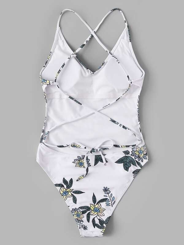 CM-SWS220193 Women Trendy Seoul Style Floral Print Tie Back One Piece Swimsuit - White