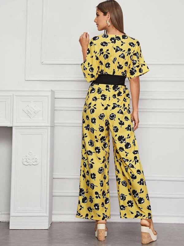CM-JS220330 Women Casual Seoul Style Short Sleeve Floral Print V-Neck Belted Jumpsuit - Yellow