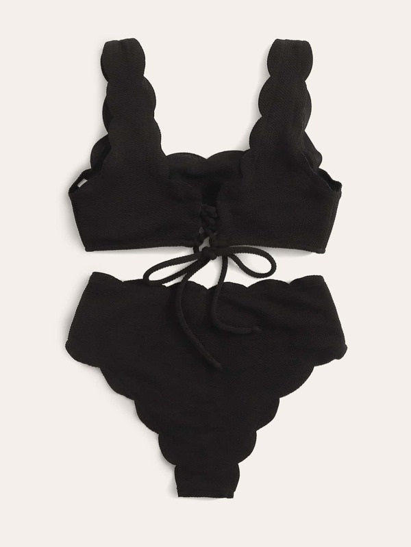 CM-SWS218128 Women Trendy Seoul Style Scallop Trim Top With High Waist Bikini Set - Black