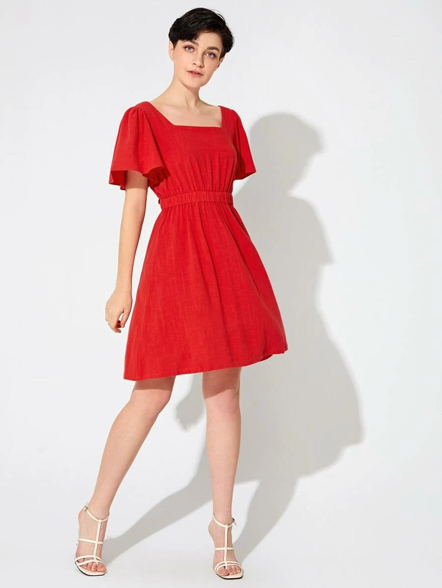 CM-DS106404 Women Elegant Seoul Style Square Neck Butterfly Sleeve Lace Up Back Flare Dress - Red