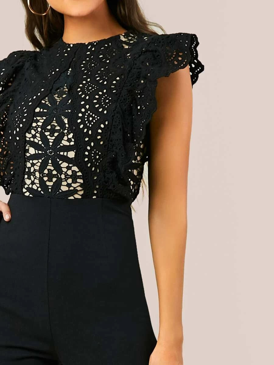CM-JS219406 Women Elegant Seoul Style Ruffle Armhole Guipure Lace Bodice Backless Jumpsuit - Black