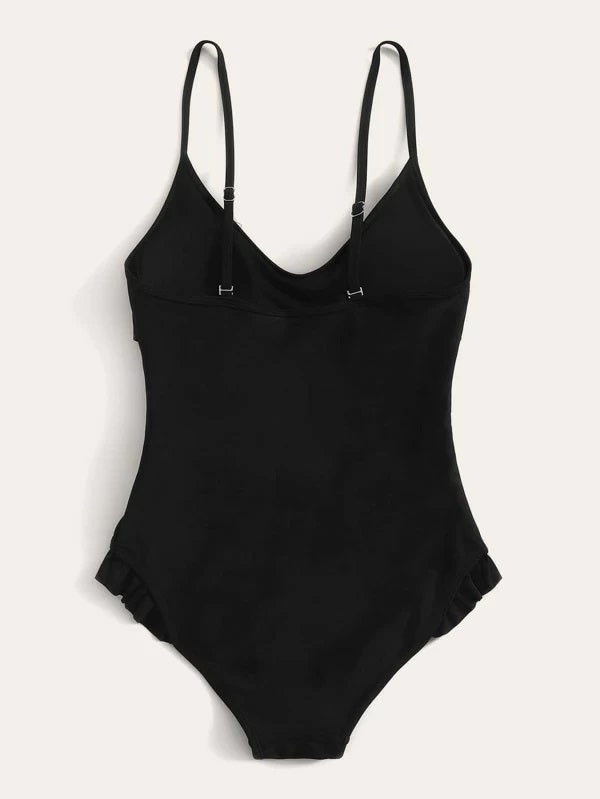 CM-SWS221555 Women Trendy Seoul Style Ruffle Trim Cut-Out One Piece Swimsuit - Black