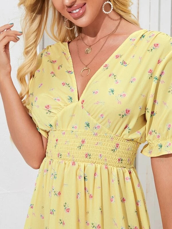 CM-DS203438 Women Casual Seoul Style Short Sleeve Floral Print Open Back A-Line Dress - Yellow