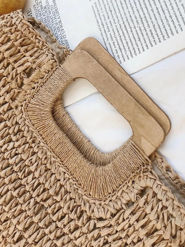 CM-BGS226558 Women Trendy Bohemian Style Braided Tote Bag With Wooden Handle - Khaki