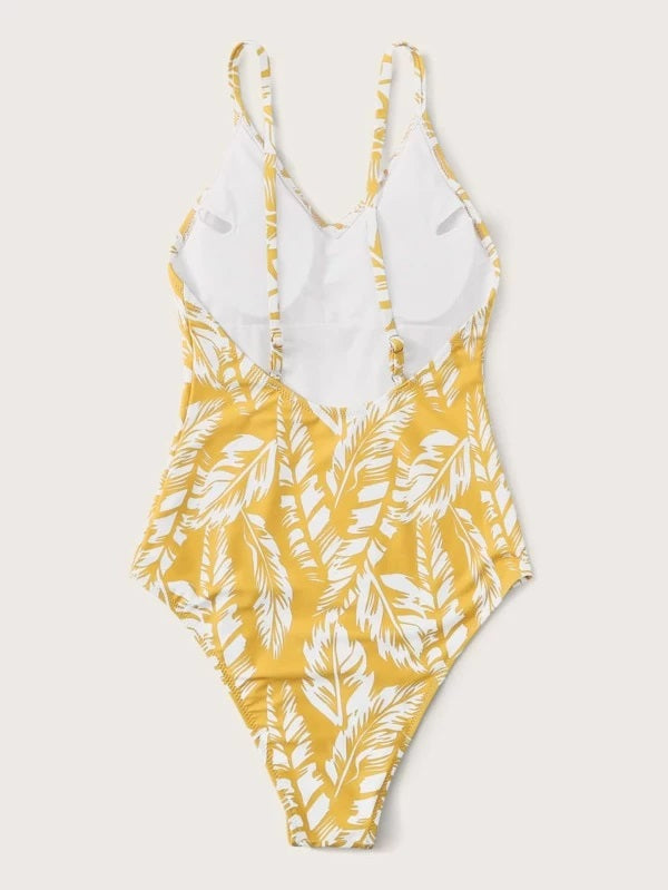 CM-SWS227704 Women Trendy Seoul Style Palm Leaf Print One Piece Swimsuit - Yellow