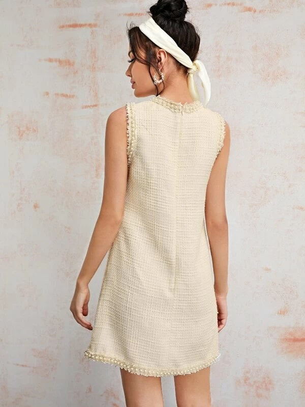 CM-DS216623 Women Elegant Seoul Style Sleeveless Pearl Beaded Pocket Patched Tweed Dress - Beige