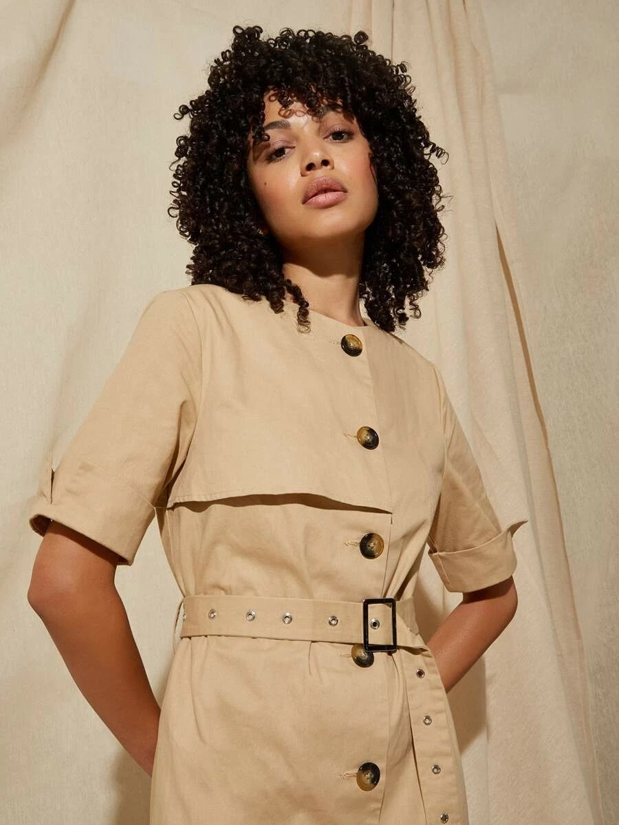 CM-CS102937 Women Elegant Seoul Style Buttoned Front Foldover Back Buckle Belted Cuffed Coat - Khaki