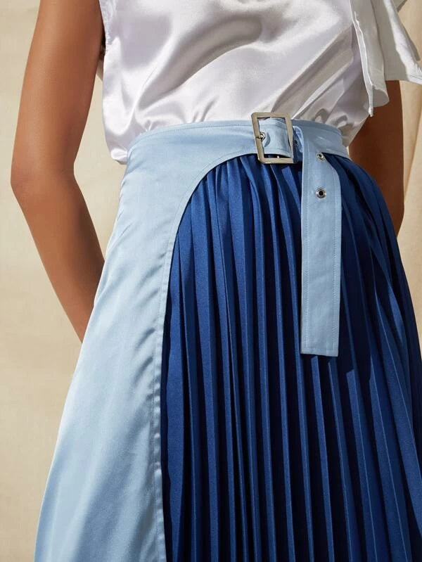 CM-BS228252 Women Casual Seoul Style High Waist Buckle Belted Pleated Satin Long Skirt - Blue