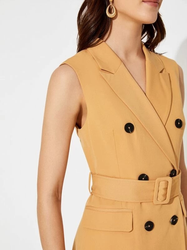 CM-CS214110 Women Elegant Seoul Style Notch Collar Double Breasted Buckle Belted Blazer Dress