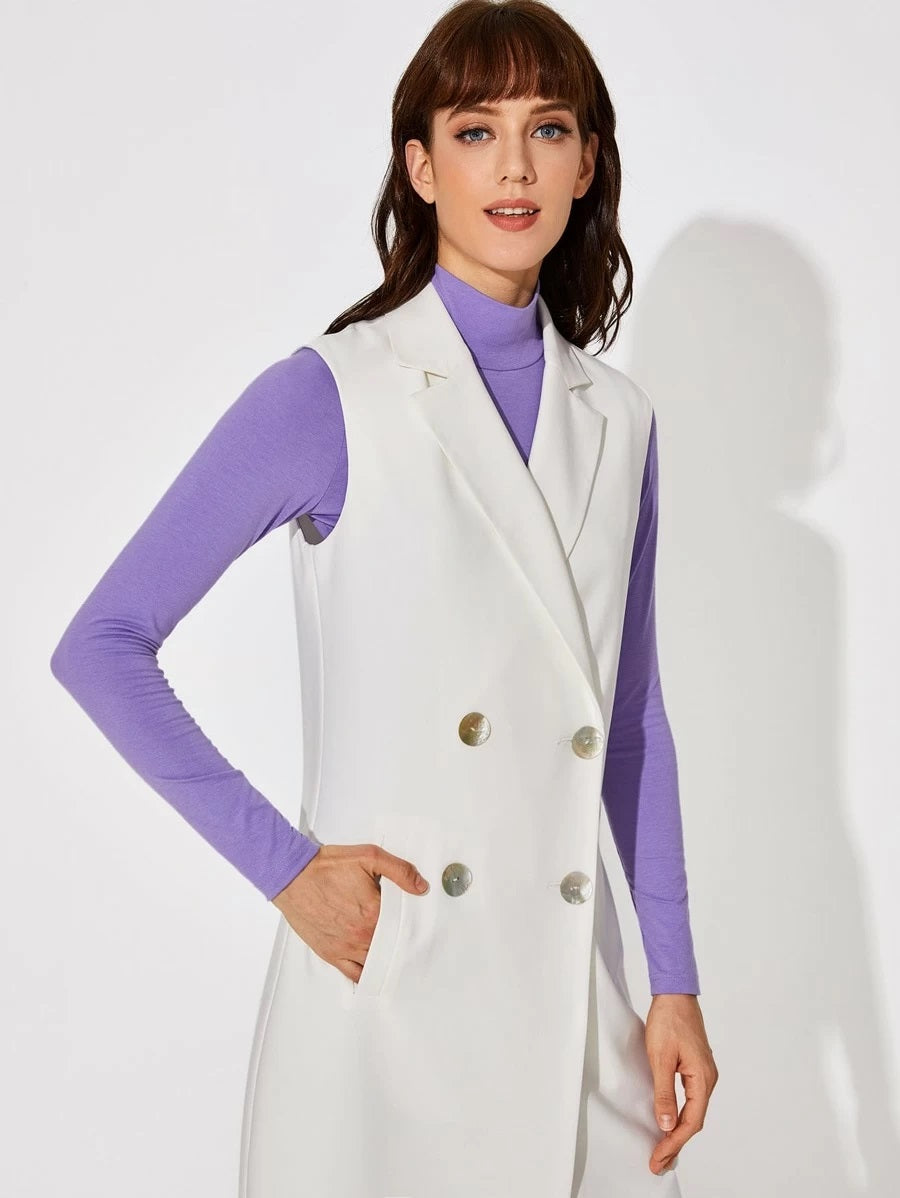 CM-CS213886 Women Elegant Seoul Style Sleeveless Notch Collar Double Breasted Longline Vest - White