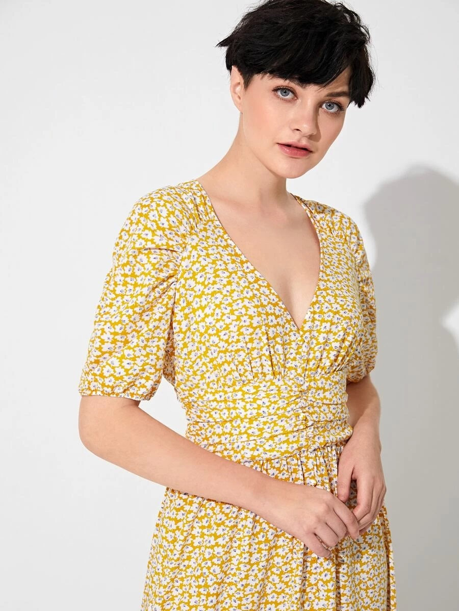 CM-DS110671 Women Elegant Seoul V-Neck Style Raglan Sleeve Ditsy Floral Print Maxi Dress - Yellow