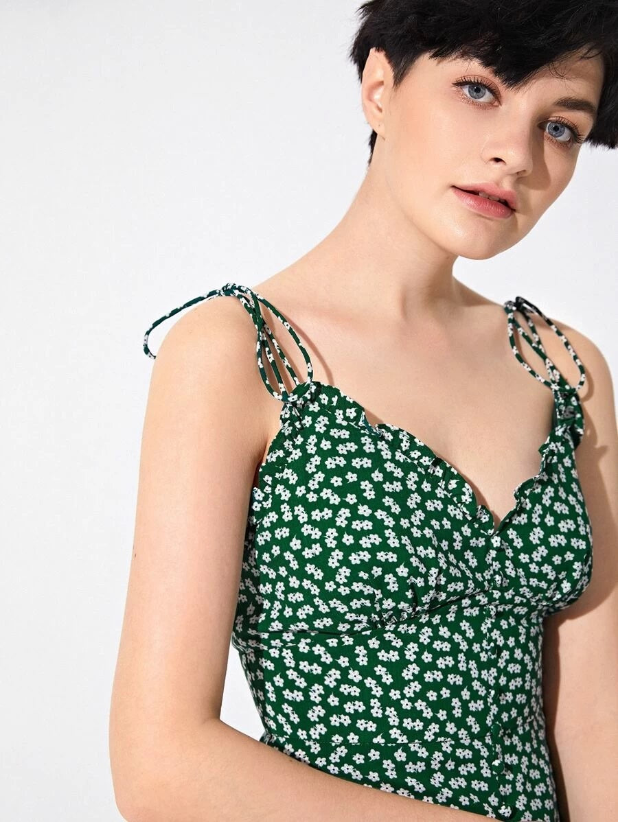 CM-DS115685 Women Elegant European Style Knot Strap Buttoned Front Split Hem Ditsy Floral Dress