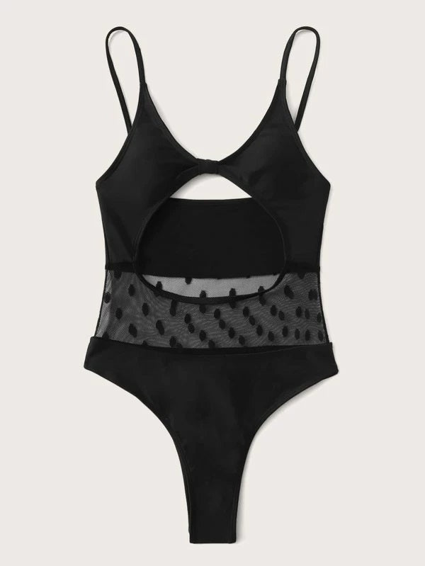 CM-SWS302296 Women Trendy Seoul Style Contrast Mesh Cut-Out One Piece Swimsuit - Black