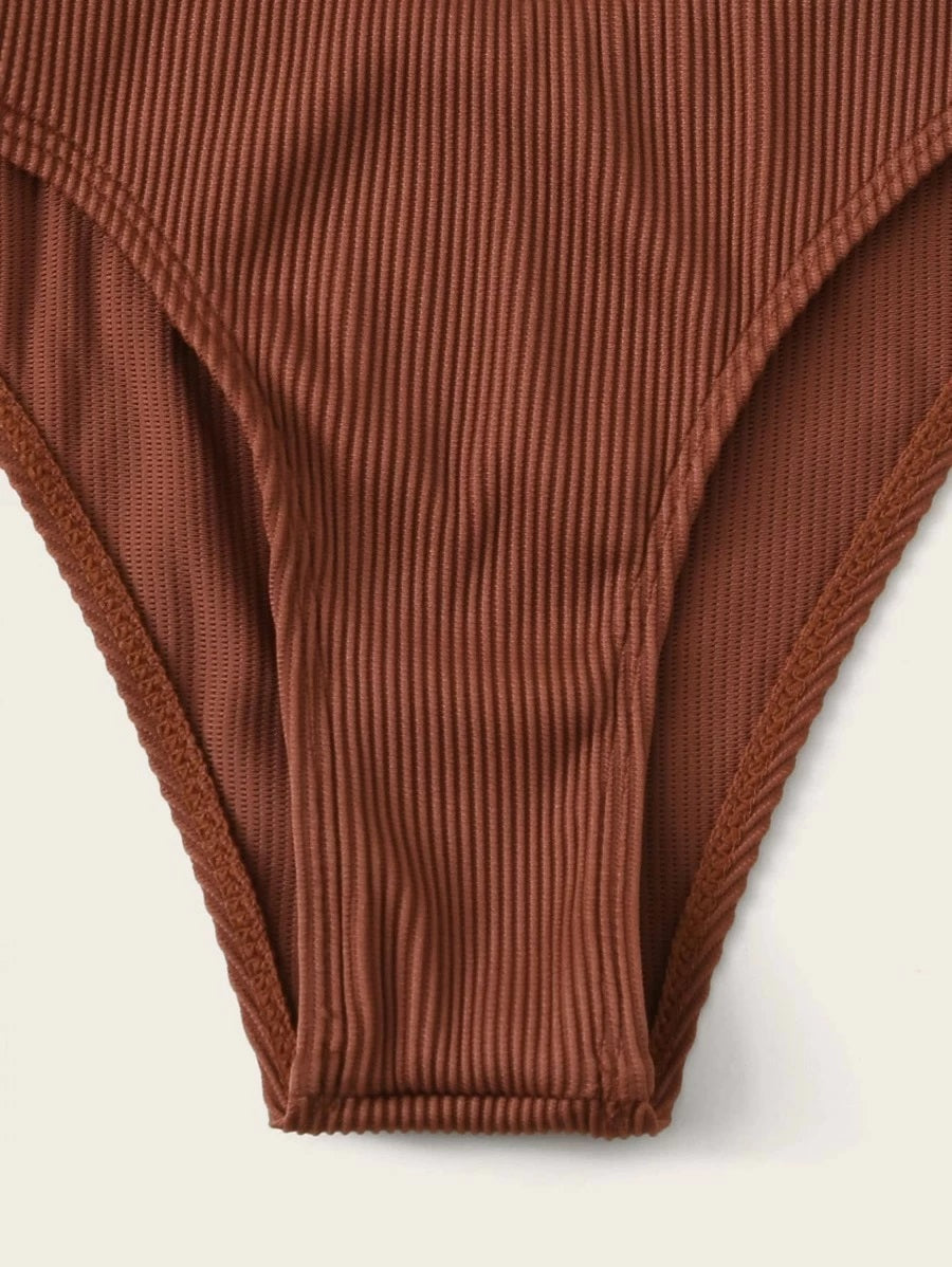 CM-SWS305356 Women Trendy Seoul Style Rib Triangle High Cut Bikini Swimsuit - Brown