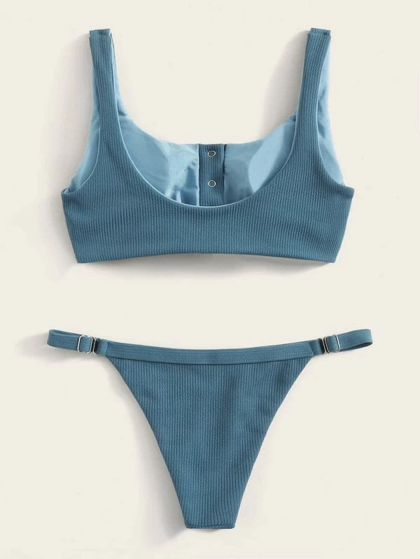 CM-SWS302088 Women Trendy Seoul Style Rib Knot Front Top With Tanga Bikini Set - Blue