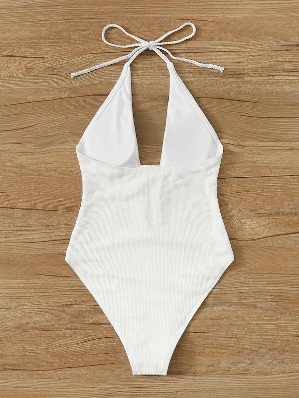 CM-SWS302856 Women Trendy Seoul Style Plunge Halter One Piece Swimsuit - White