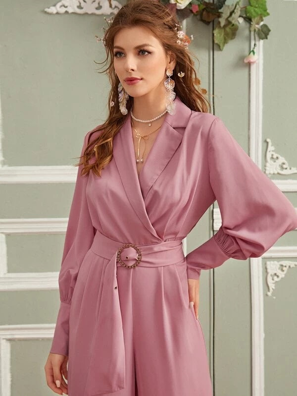 CM-JS219944 Women Elegant Seoul Style Notched Collar O-Ring Belted Wide Leg Jumpsuit - Pink