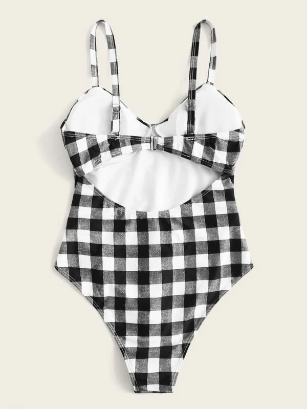 CM-SWS304910 Women Trendy Seoul Style Gingham Ruched One Piece Swimsuit - Black