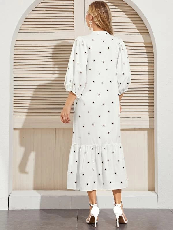 CM-DS302281 Women Casual Seoul Style Long Sleeve Geometric Print Mock Neck Shirt Dress - White