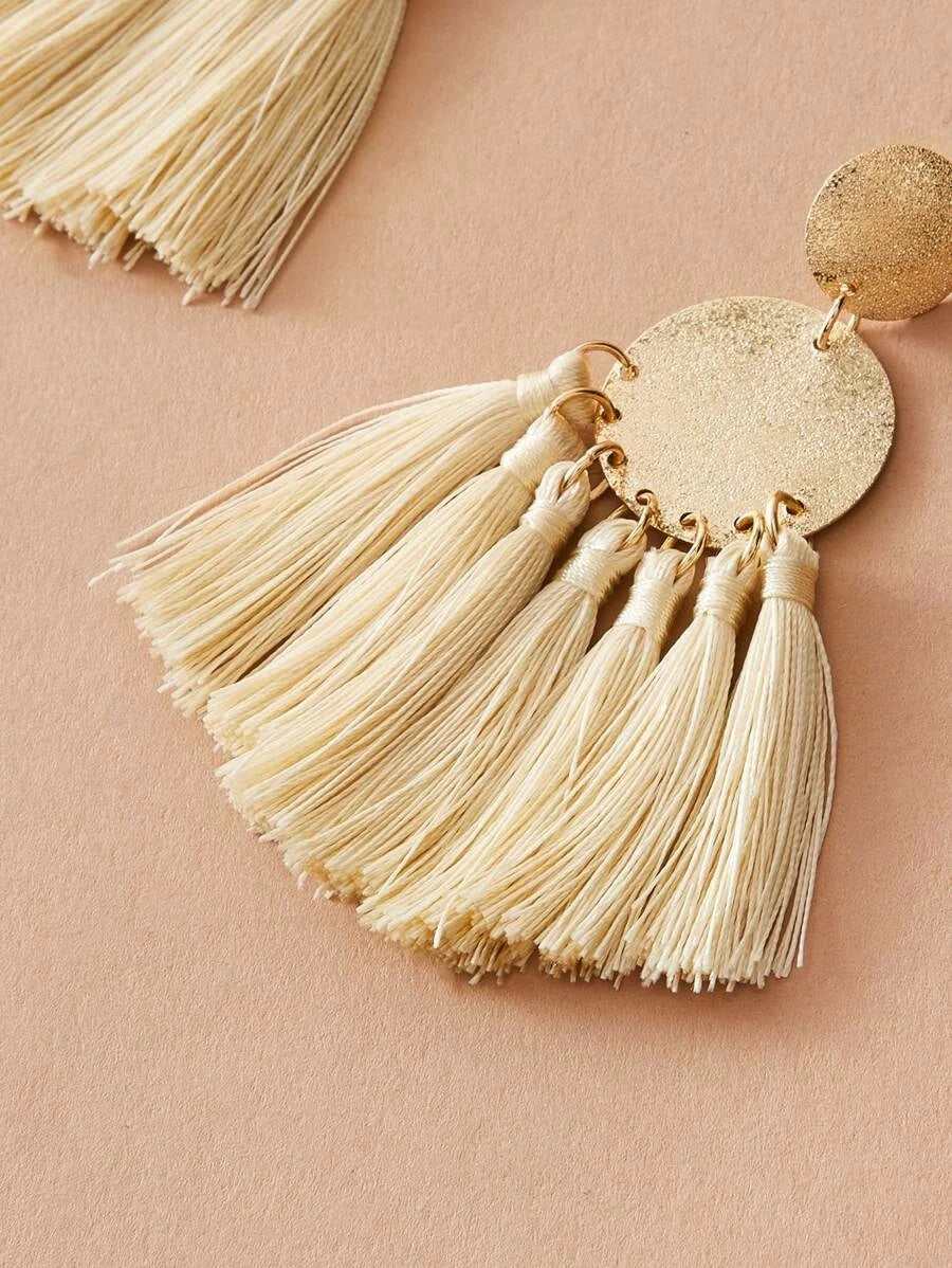 CM-AXS306881 Women Trendy Seoul Style Metallic Round Decor Tassel Fringe Drop Earrings