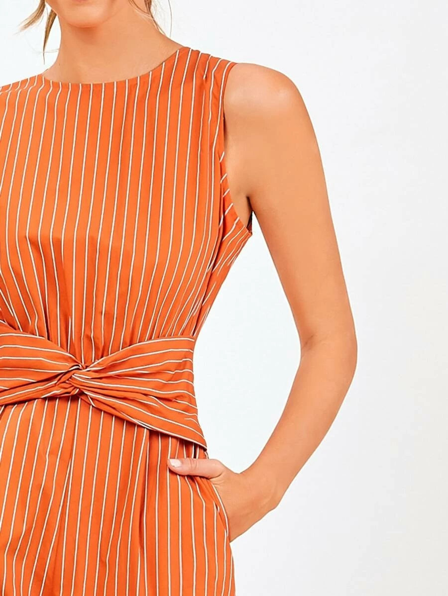 CM-JS224772 Women Trendy Bohemian Style Twist Waist Striped Wide Leg Sleeveless Jumpsuit - Orange