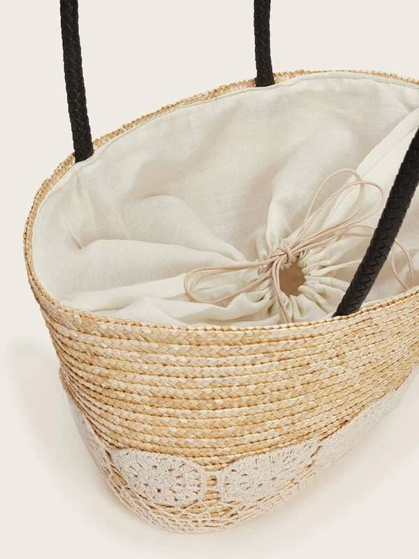 CM-BGS226051 Women Trendy Bohemian Style Braided Panel Woven Tote Bag - Beige
