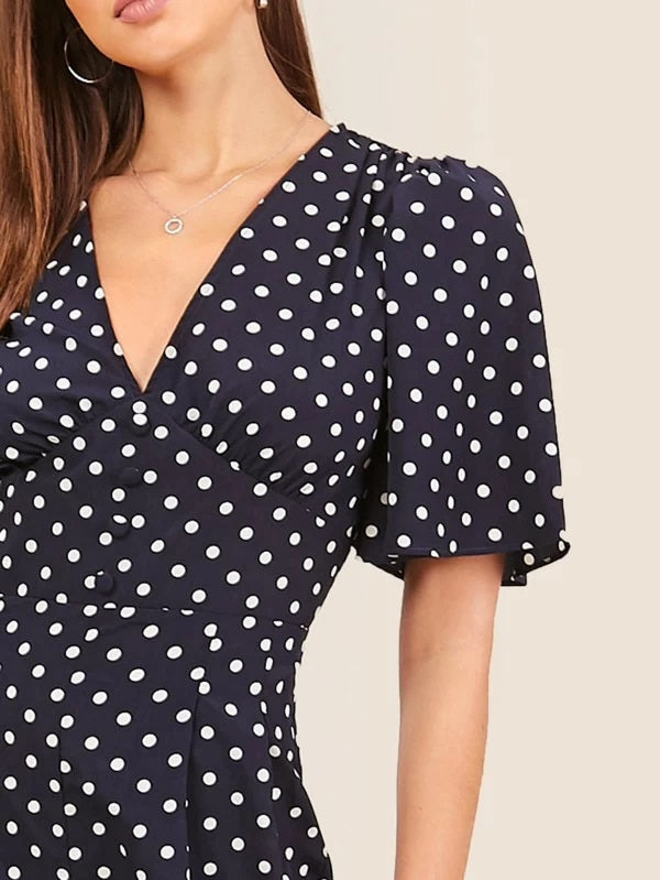 CM-JS221276 Women Casual Seoul Style Button Front Flutter Sleeve Knot Hem Polka Dot Jumpsuit