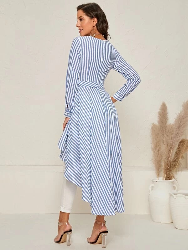 CM-TS227511 Women Elegant Seoul Style Long Sleeve Asymmetrical Hem Belted Striped Top - Blue