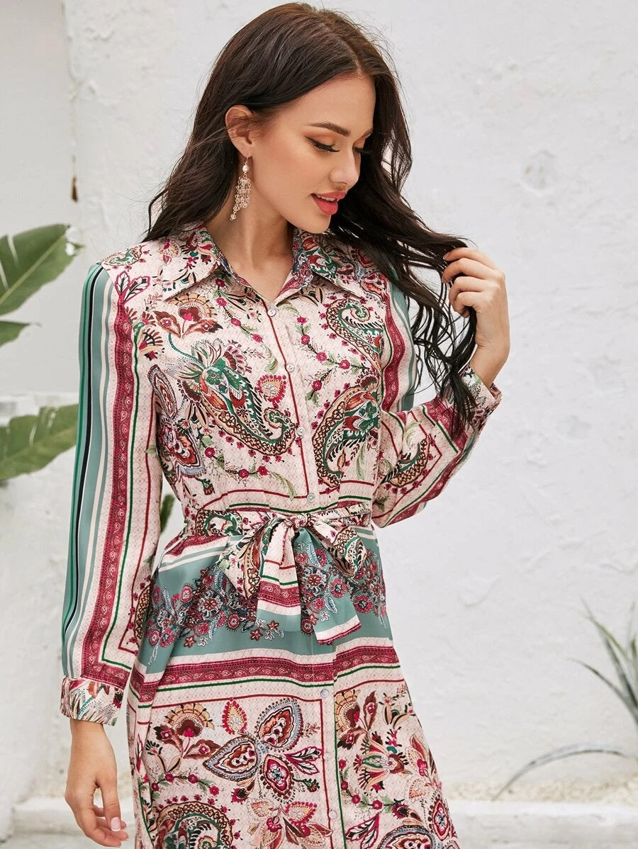 CM-DS302255 Women Trendy Bohemian Style Long Sleeve Tribal Print Striped Belted Shirt Dress