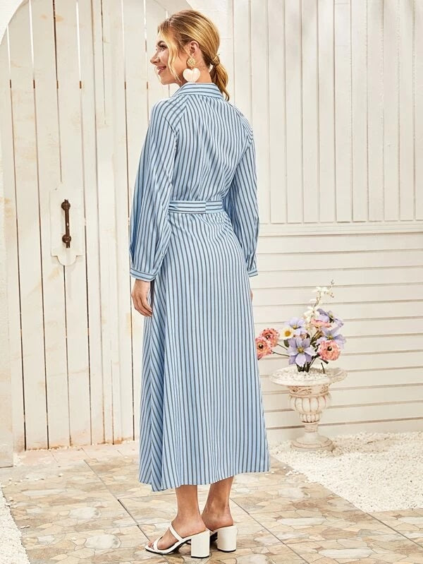 CM-DS228784 Women Casual Seoul Style Long Sleeve Vertical Striped Belted Shirt Dress - Blue