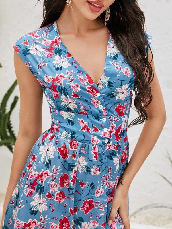 CM-JS228192 Women Casual Seoul Style V-Neck Button Front Floral Romper With Undetachable Skirt