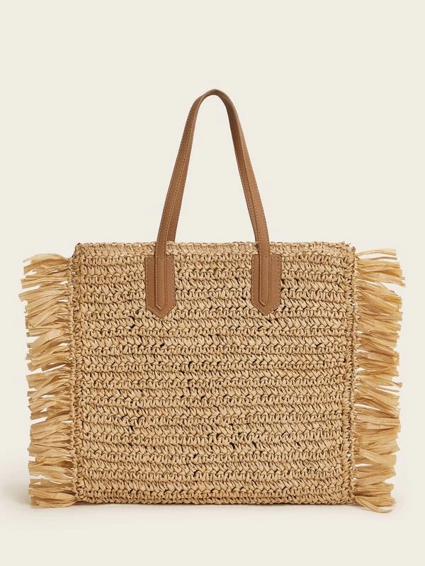 CM-BGS310213 Women Trendy Bohemian Style Fringe Trim Woven Tote Bag - Khaki