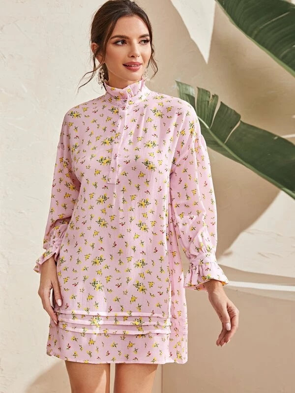 CM-DS309416 Women Casual Seoul Style Long Sleeve Floral Print Ruffle Neck Tunic Dress - Pink