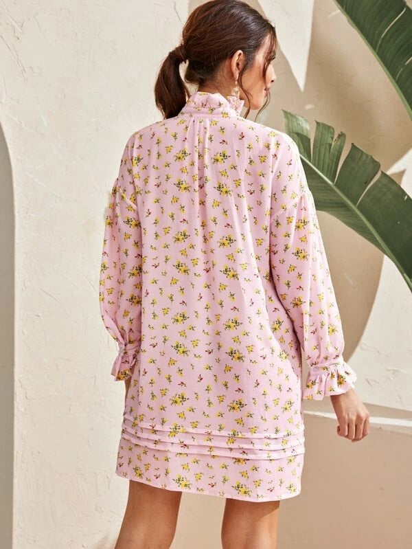 CM-DS309416 Women Casual Seoul Style Long Sleeve Floral Print Ruffle Neck Tunic Dress - Pink