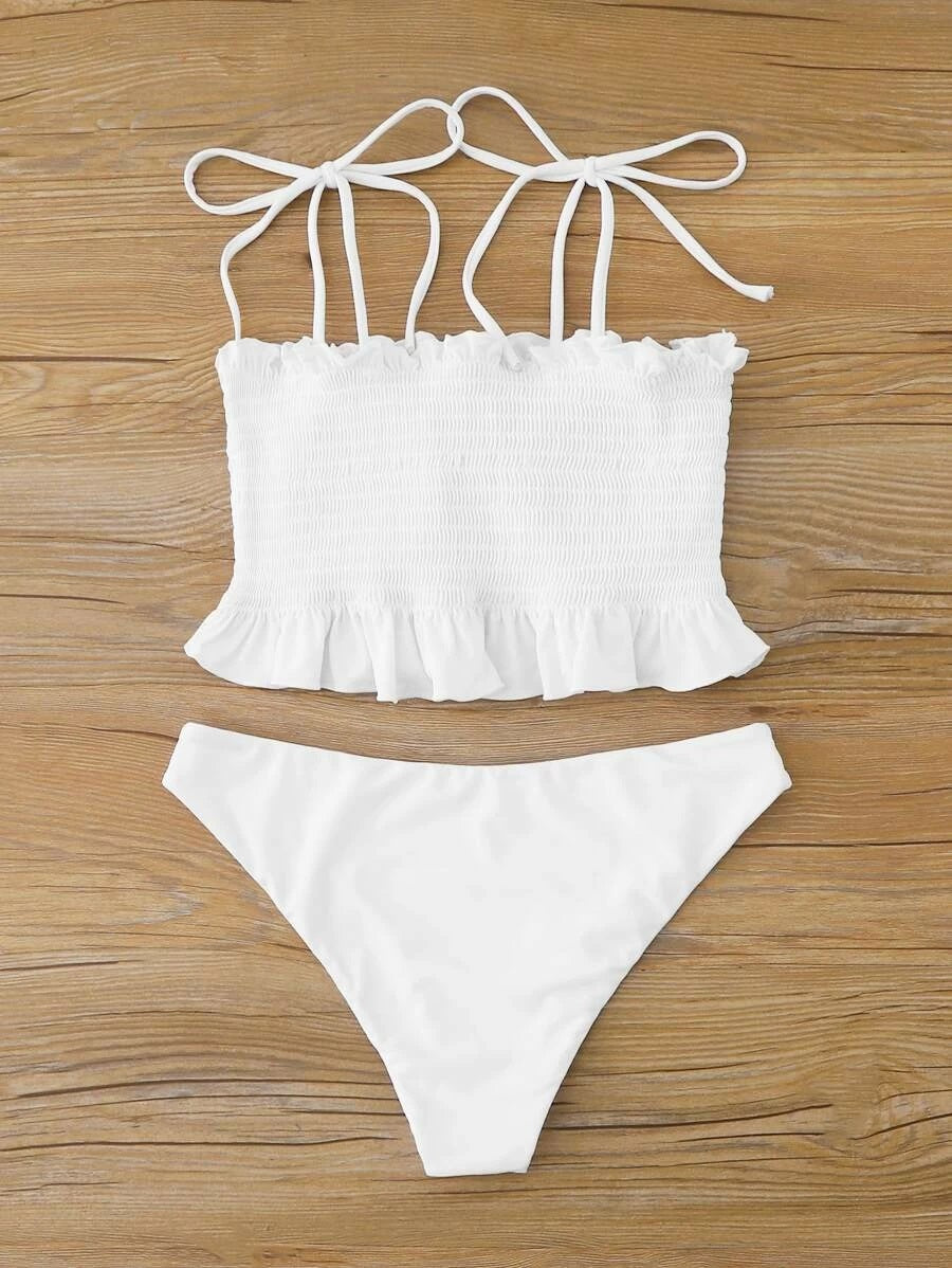 CM-SWS311239 Women Trendy Seoul Style Smocked Frill Tie Shoulder Bikini Swimsuit - White
