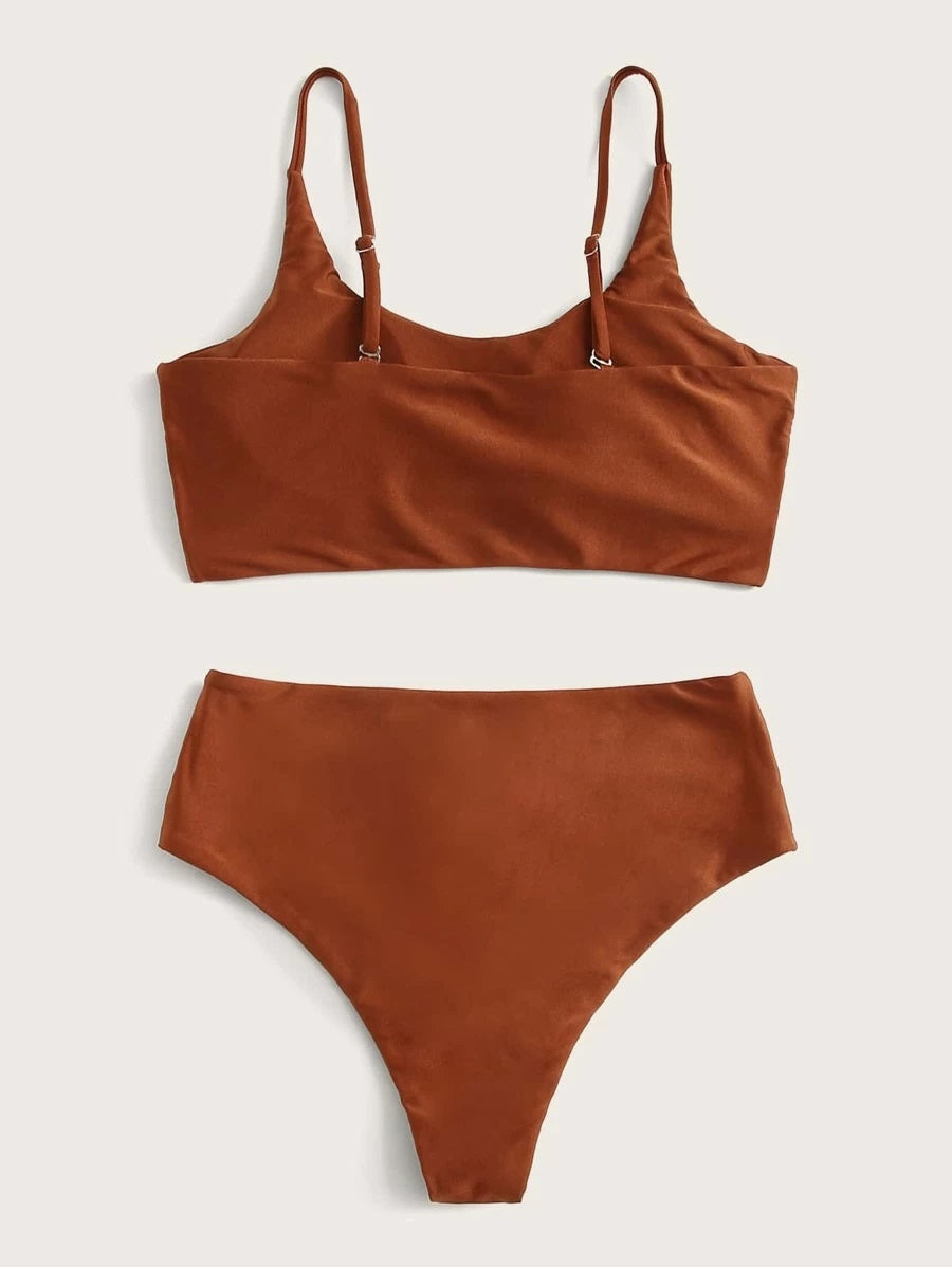 CM-SWS313467 Women Trendy Seoul Style Solid Twist Front Wrap Bikini Swimsuit - Brown