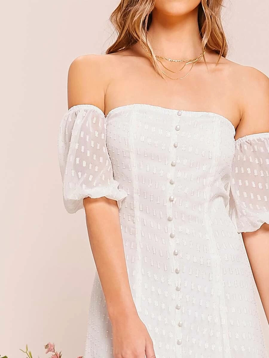 CM-DS305957 Women Elegant European Style Off Shoulder Puff Sleeve Applique Jacquard Dress - White