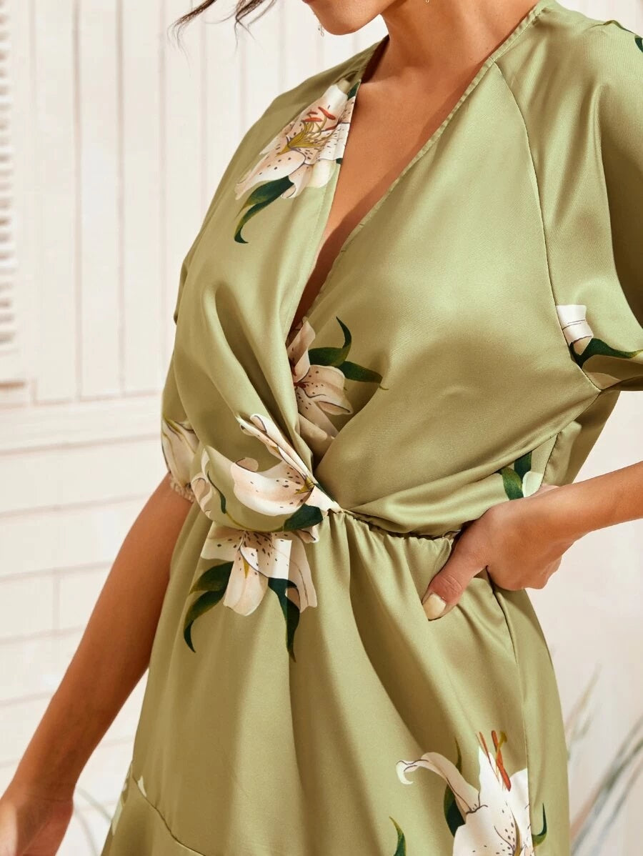 CM-DS311904 Women Casual Seoul Style V-Neck Floral Print Twist Front A-Line Short Dress - Green
